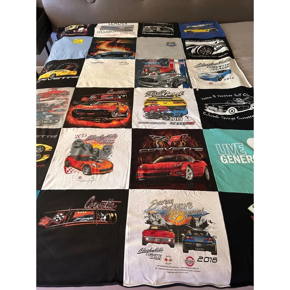 Double Sided Repurposed Upcycled T-shirt Blanket Car Lovers Blanket Twin Fleece